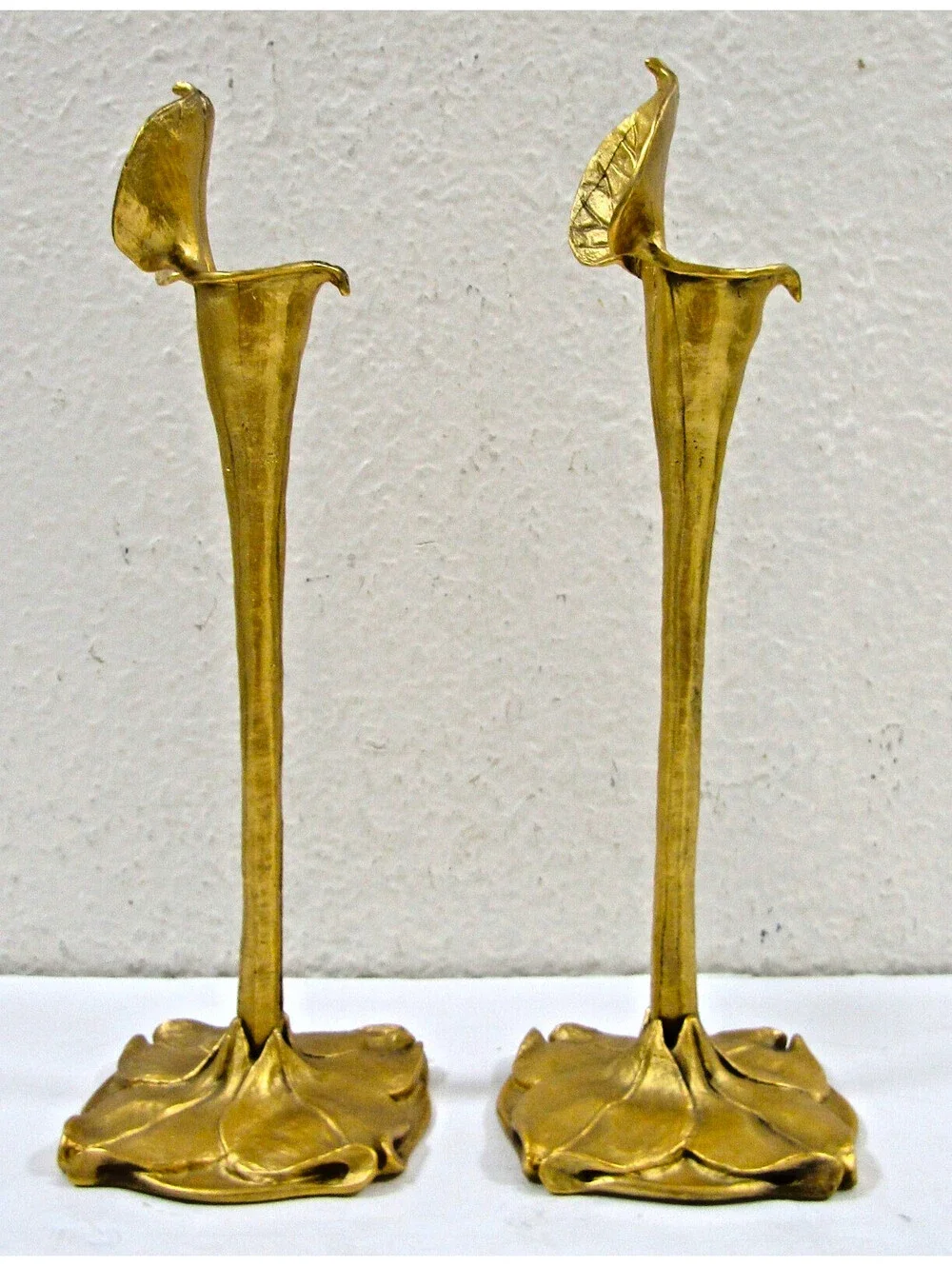 Pair Art Nouveau German Cast Brass Calla Lily Candlesticks attr. Richard Müller